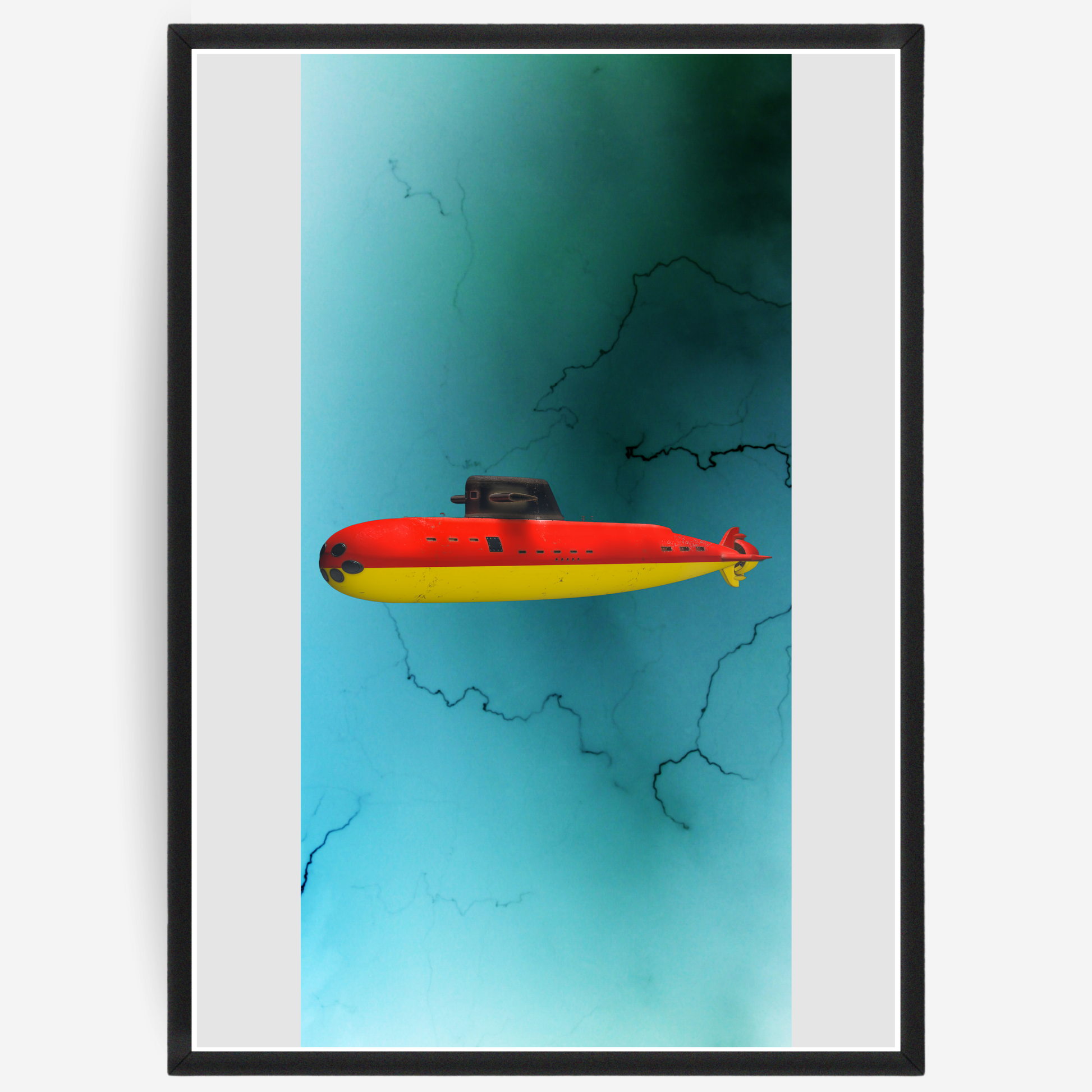 Poster of a colorful submarine on a blue underwater background