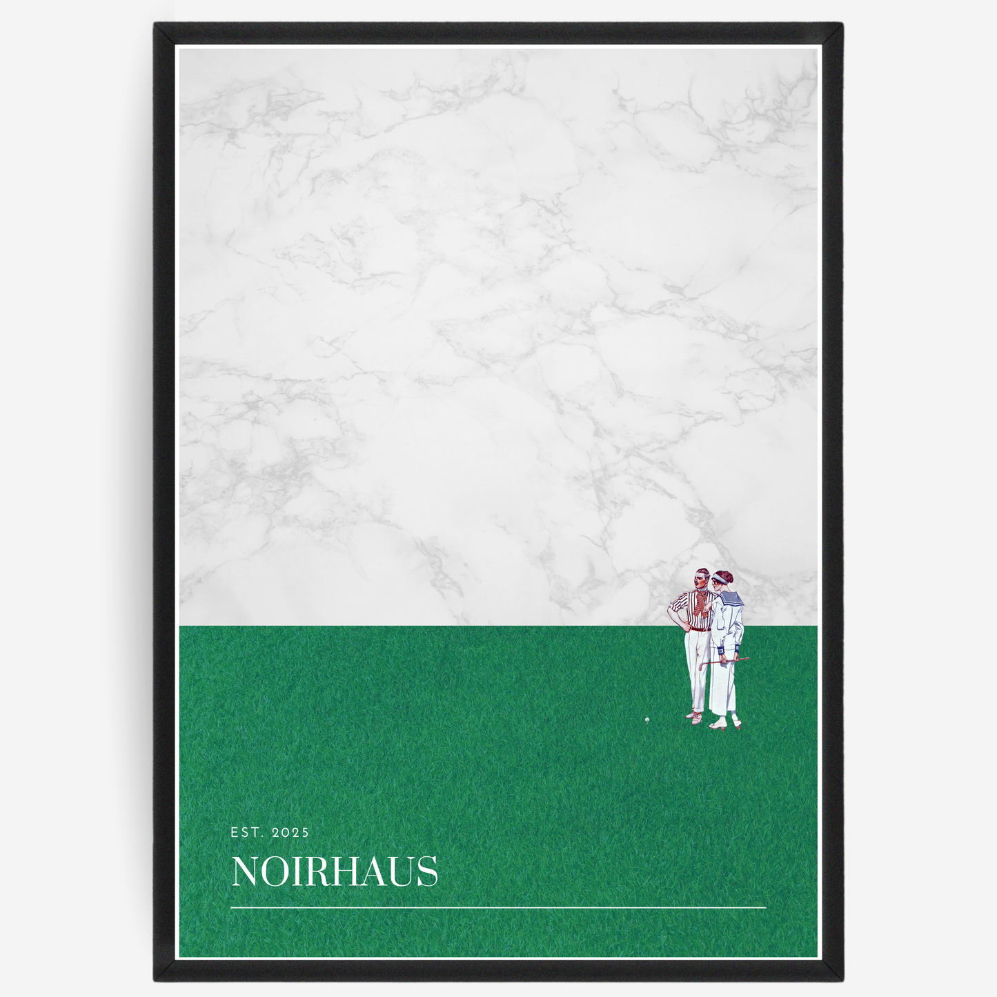 Golf poster featuring two people on a green course with a marble sky, including the 'NOIRHAUS' signature.