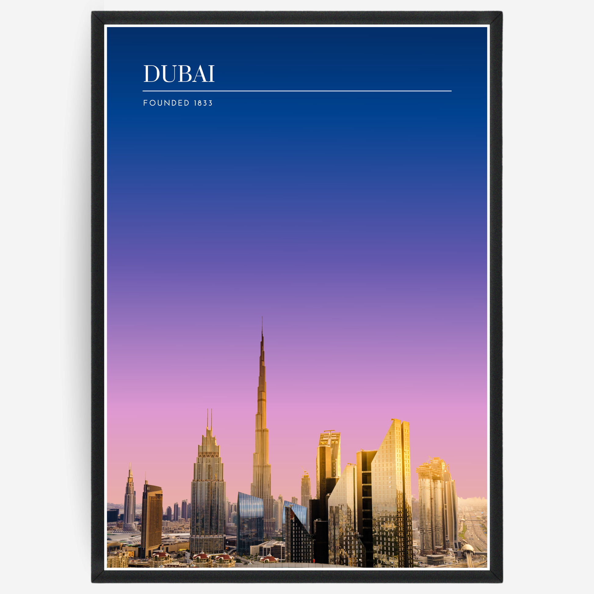 Dubai skyline poster with a pink-to-blue gradient sky and text elements showing the city name and the year it was founded.