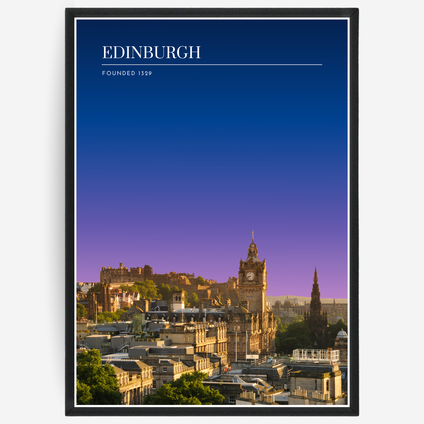 Edinburgh cityscape poster with a pink-to-blue gradient sky and text elements showing the city name and the year it was founded.