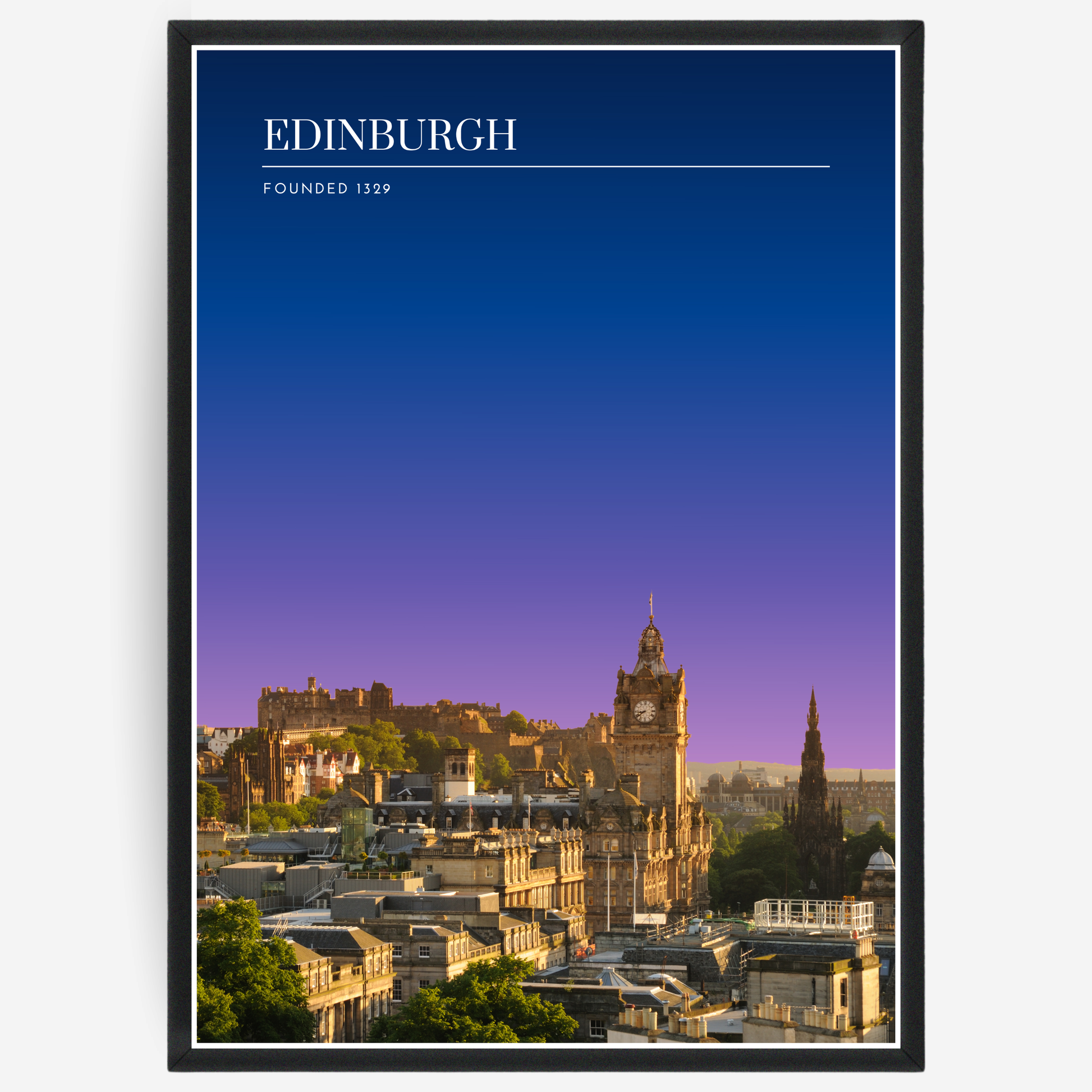 Edinburgh cityscape poster with a pink-to-blue gradient sky and text elements showing the city name and the year it was founded.