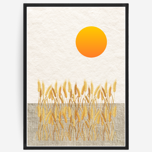 Poster of a sun and wheat field on textured paper background.