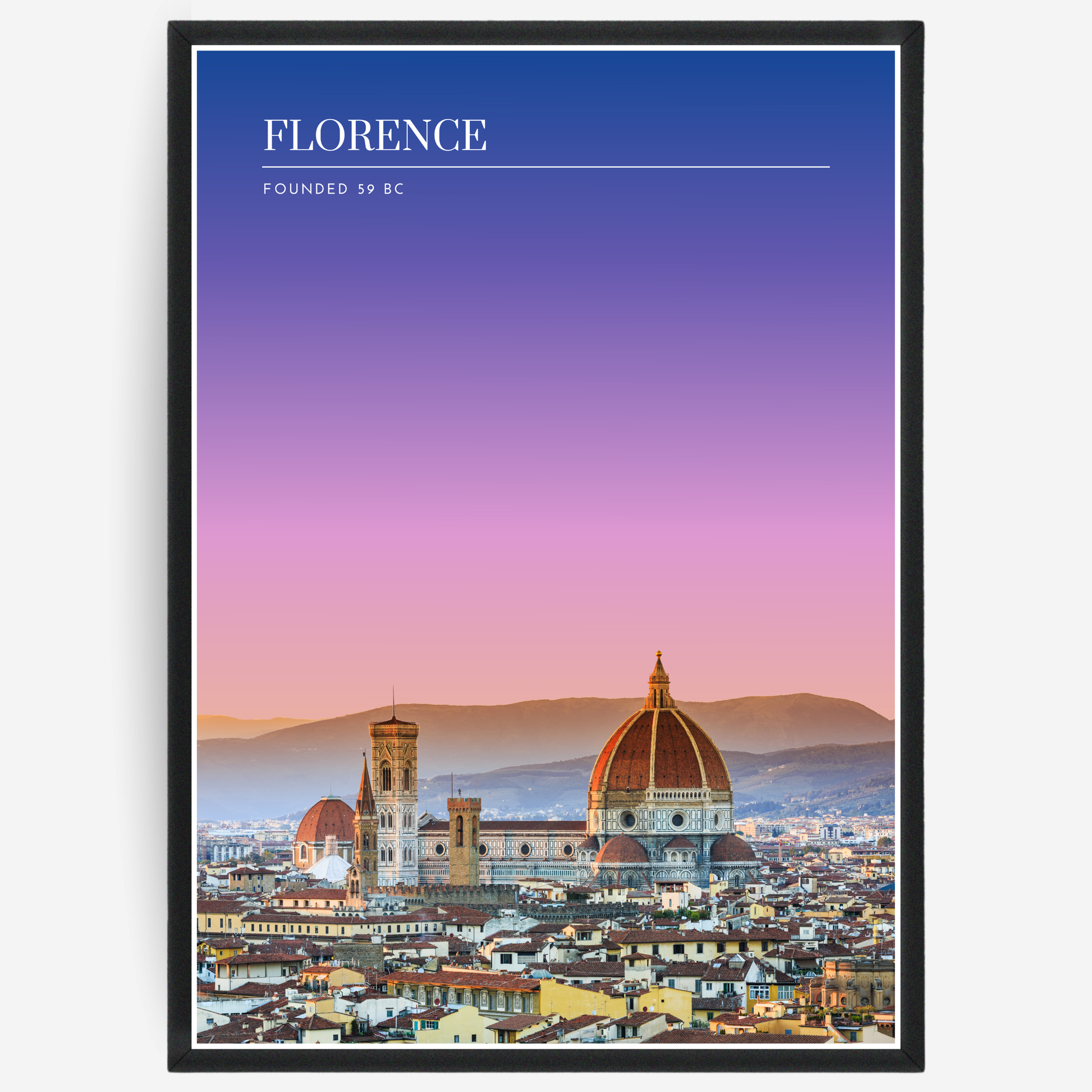 Florence cityscape poster with a pink-to-blue gradient sky and text elements showing the city name and the year it was founded.