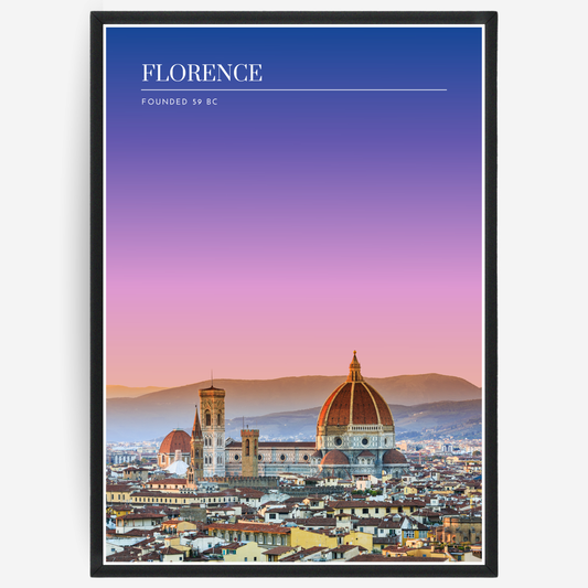 Florence cityscape poster with a pink-to-blue gradient sky and text elements showing the city name and the year it was founded.