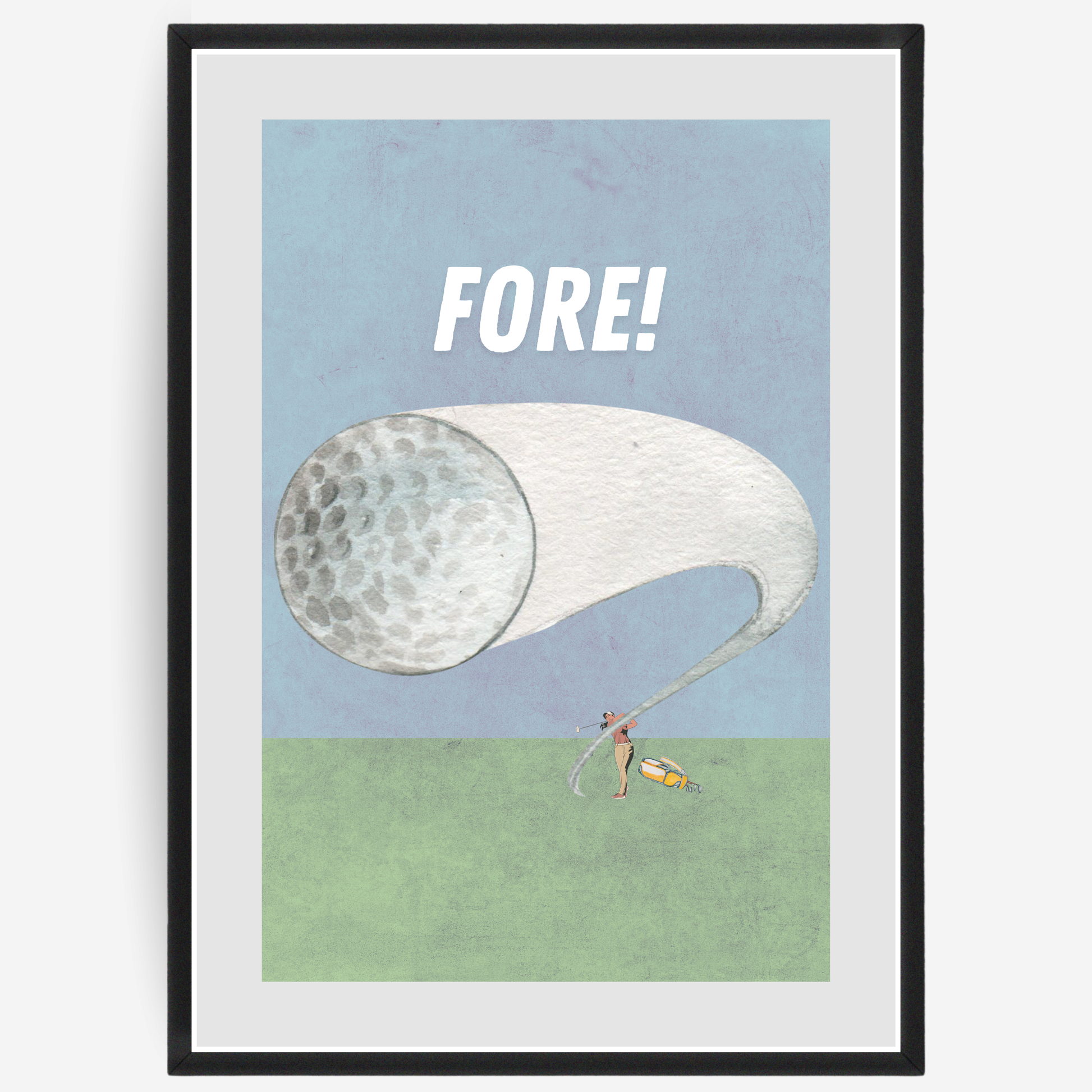 Golf poster of a woman shooting a golfshot on a textured green and blue background with the text FORE! at the top.