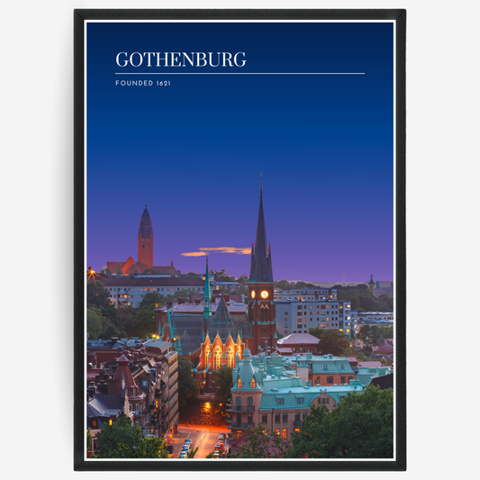 Gothenburg cityscape poster with a pink-to-blue gradient sky and text elements showing the city name and the year it was founded.