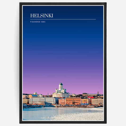 Helsinki cityscape poster with a pink-to-blue gradient sky and text elements showing the city name and the year it was founded.