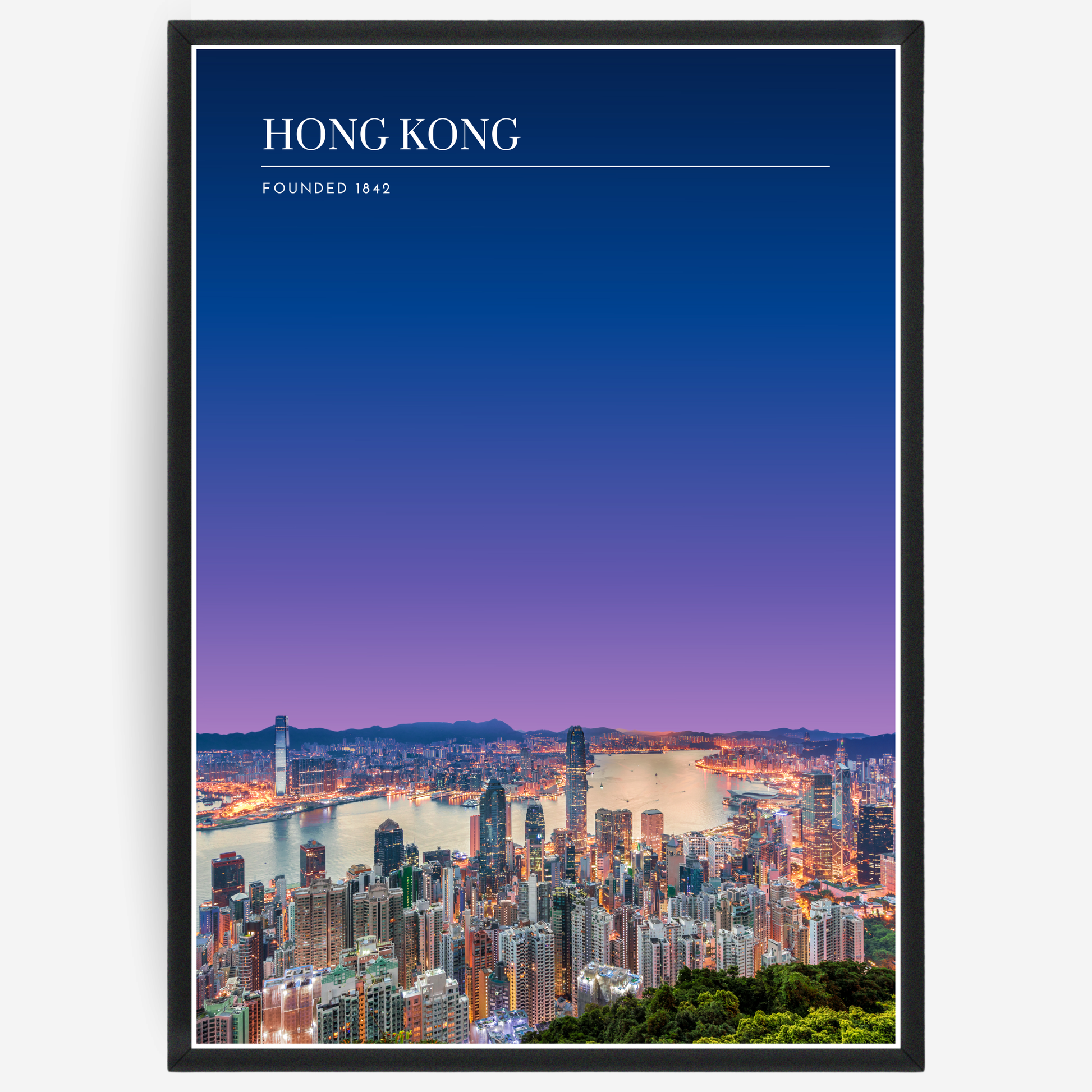 Hong Kong skyline poster with a pink-to-blue gradient sky and text elements showing the city name and the year it was founded.