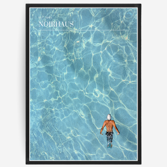 Poster of a person swimming in a pool with 'NOIRHAUS' signature.