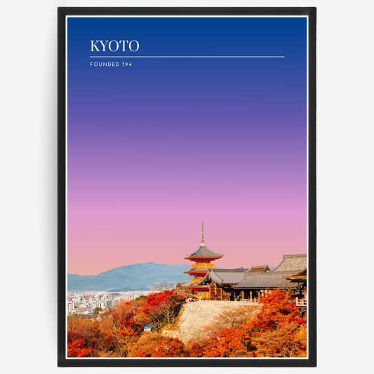 Kyoto cityscape poster with a pink-to-blue gradient sky and text elements showing the city name and the year it was founded.