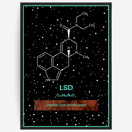 Chemistry poster showing the 2D molecular structure of LSD on a black background with white dots and turquoise passepartout, including text elements of the molecule name, molecular formula and IUPAC name.