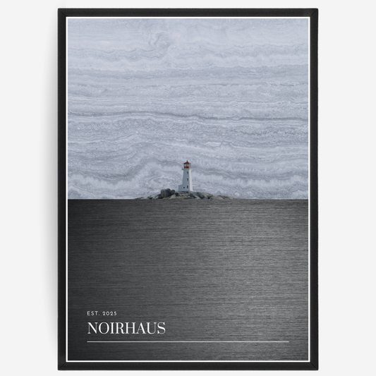 Poster of a lighthouse in the distance, set against stone elements imitating the sea and sky, with a NOIRHAUS signature at the bottom.