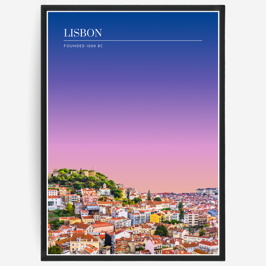 Lisbon cityscape poster with a pink-to-blue gradient sky and text elements showing the city name and the year it was founded.