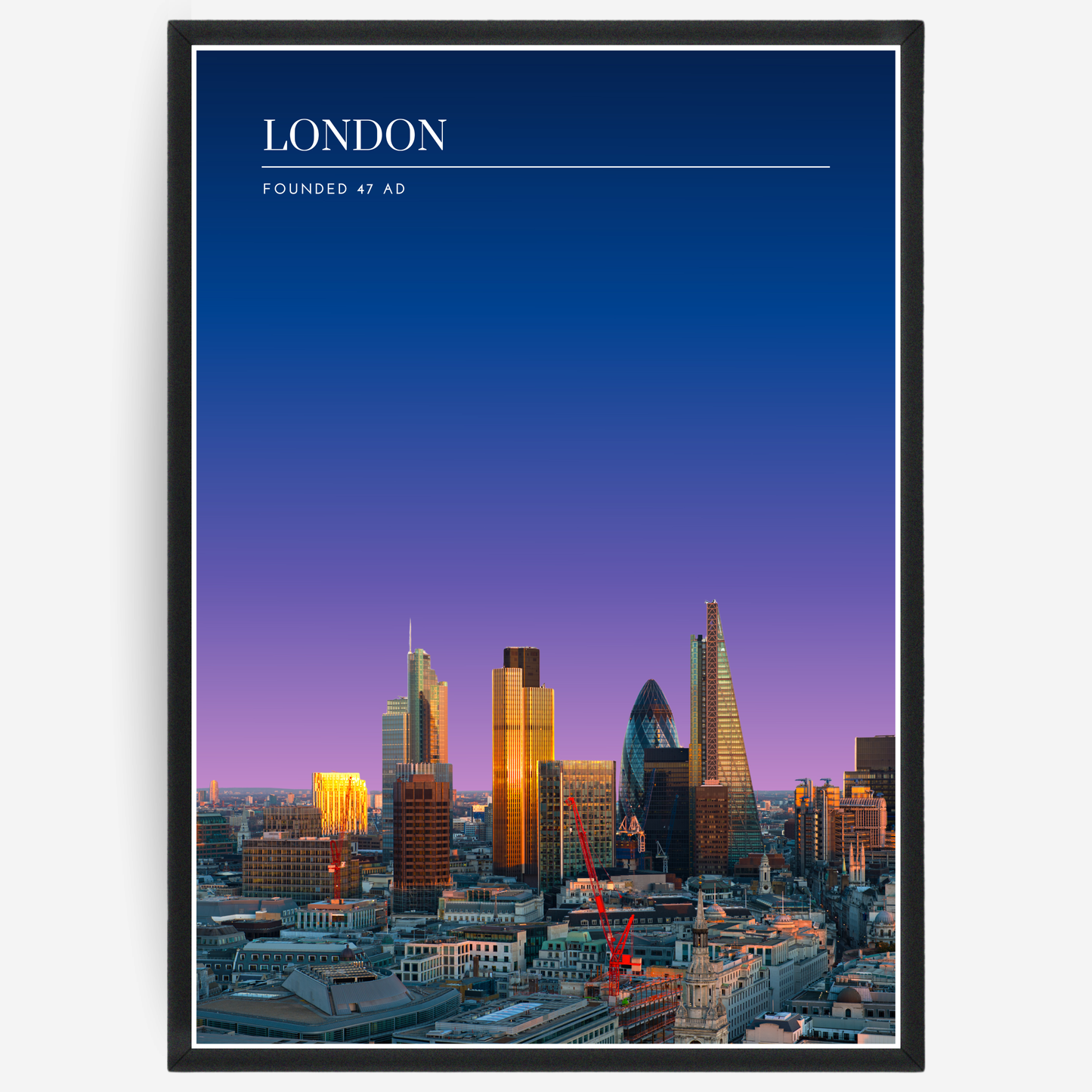 London skyline poster with a pink-to-blue gradient sky and text elements showing the city name and the year it was founded.