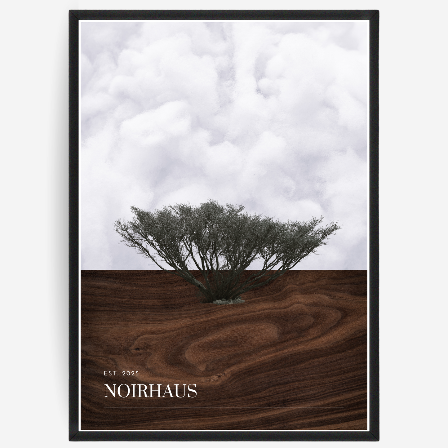Surreal poster of a lonely tree, set against a background of wood and cotton imitating earth and sky.