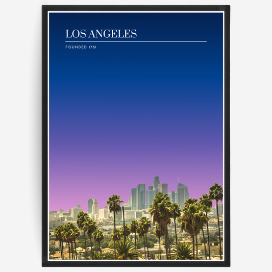 Los Angeles skyline poster with a pink-to-blue gradient sky and text elements showing the city name and the year it was founded.