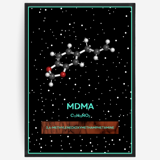 Chemistry poster showing the 3D molecular structure of MDMA on a black background with white dots and turquoise passepartout, including text elements of the molecule name, molecular formula and IUPAC name.