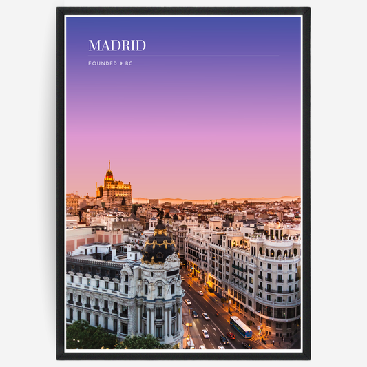 Madrid skyline poster with a pink-to-blue gradient sky and text elements showing the city name and the year it was founded.