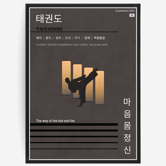 Taekwondo poster with silhouette of a martial artist and text elements, set on a earth toned background.