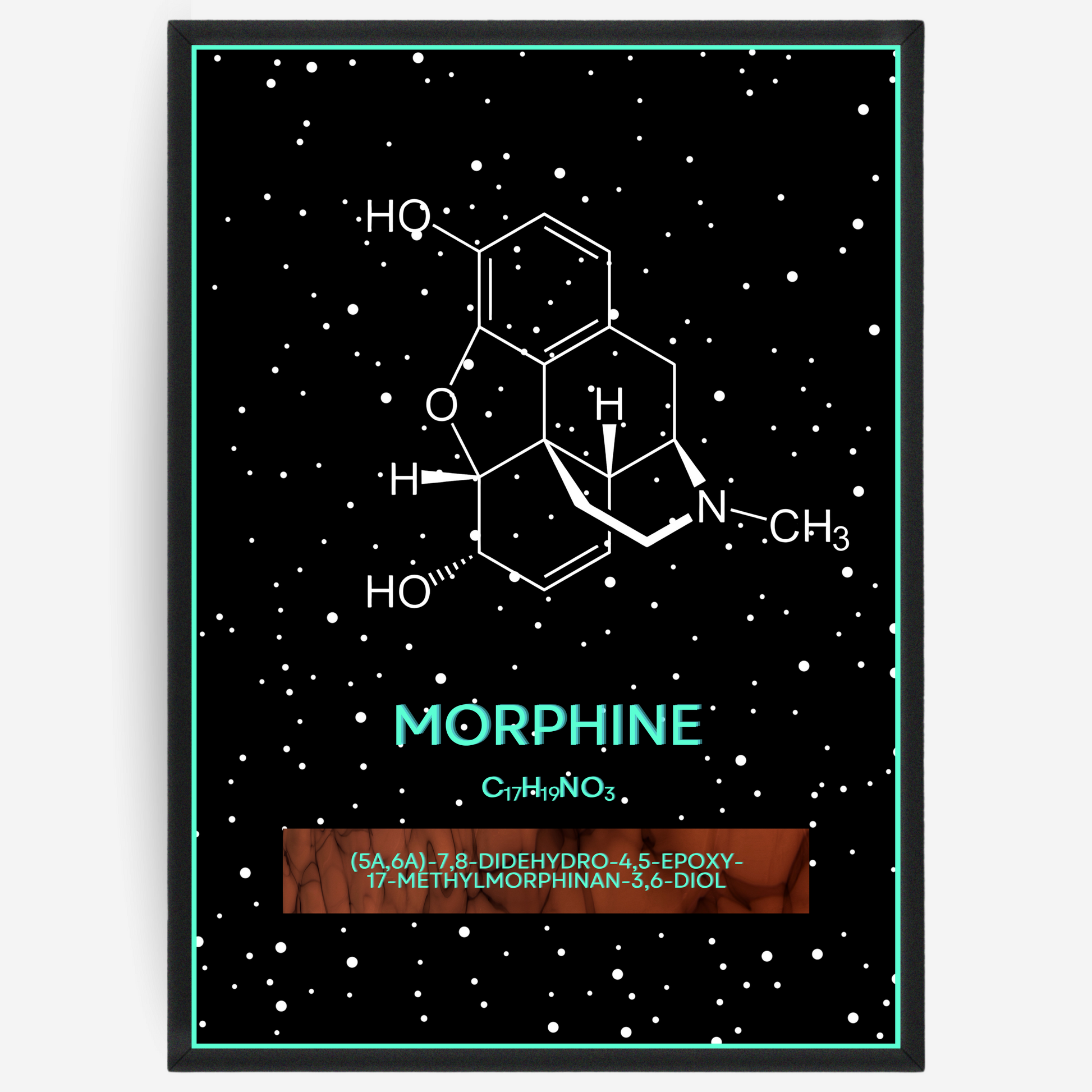 Chemistry poster showing the 2D molecular structure of morphine on a black background with white dots and turquoise passepartout, including text elements of the molecule name, molecular formula and IUPAC name.