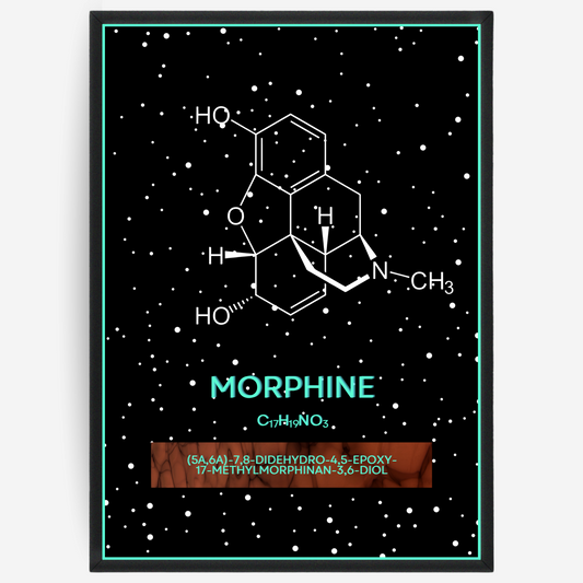 Chemistry poster showing the 2D molecular structure of morphine on a black background with white dots and turquoise passepartout, including text elements of the molecule name, molecular formula and IUPAC name.
