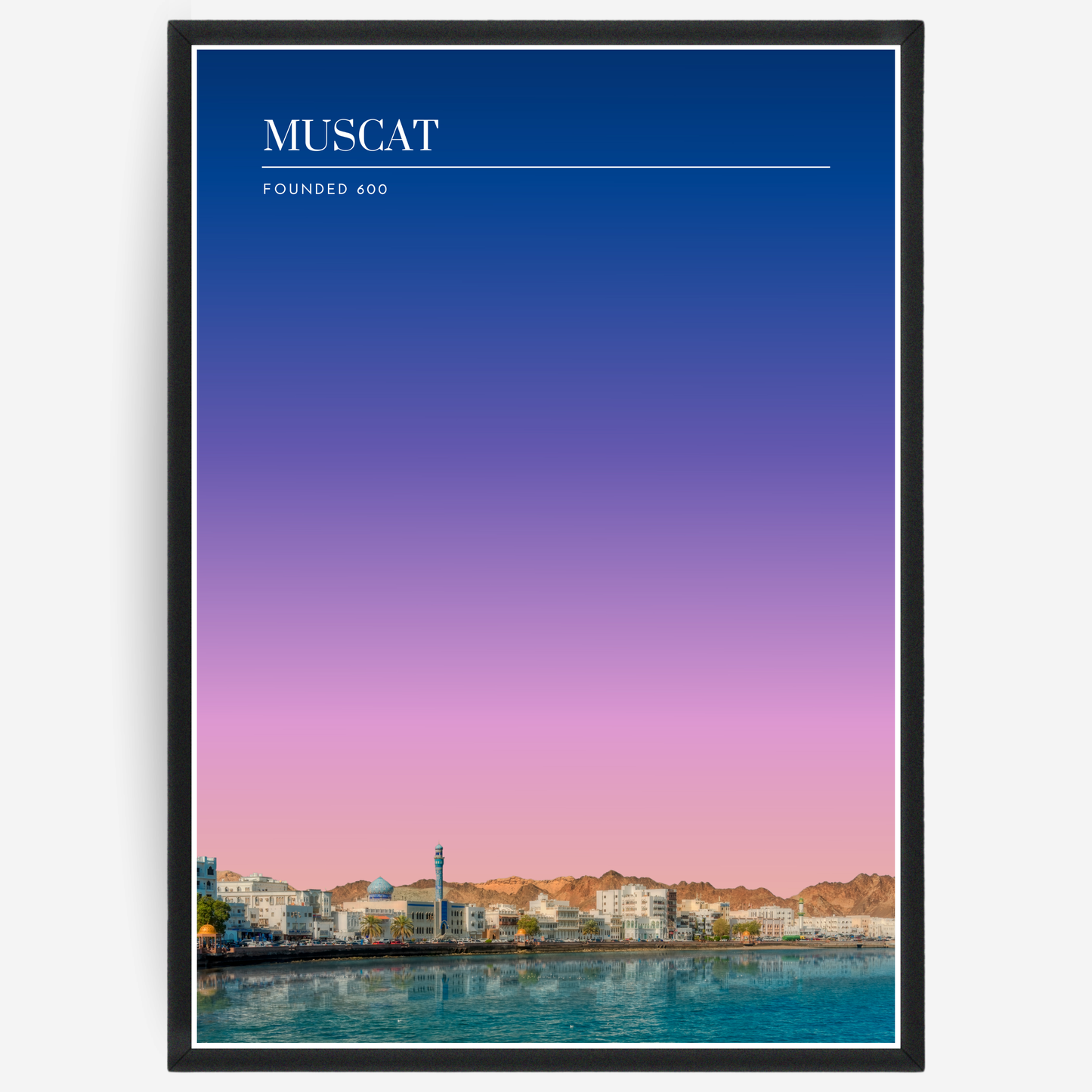 Muscat skyline poster with a pink-to-blue gradient sky and text elements showing the city name and the year it was founded.