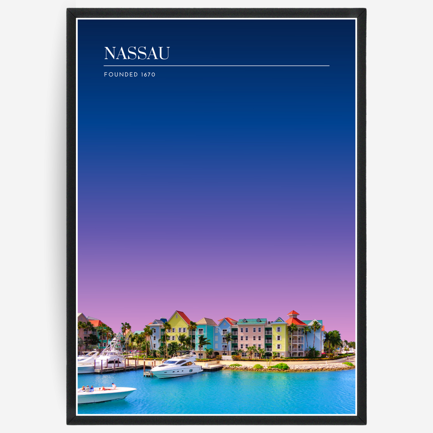Nassau skyline poster with a pink-to-blue gradient sky and text elements showing the city name and the year it was founded.