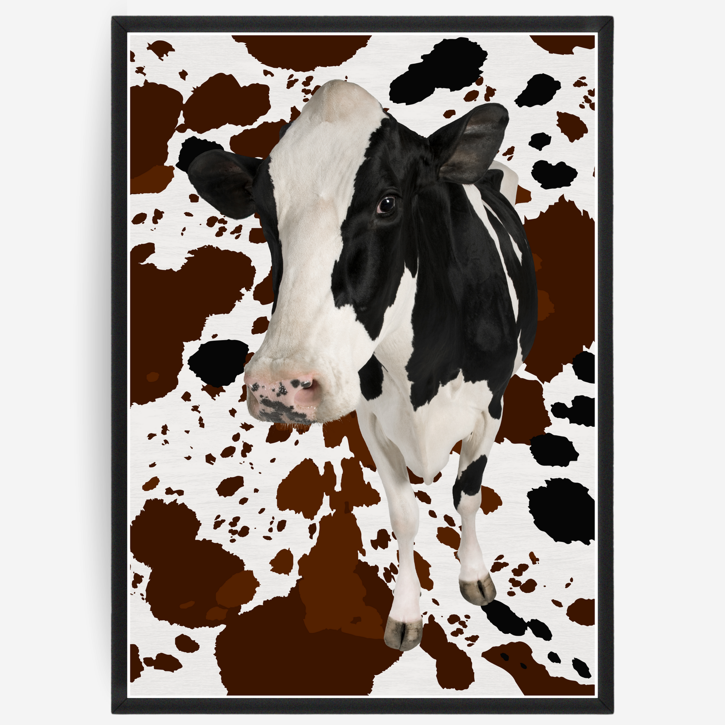 Poster of cow, set against a background of  cow pattern
