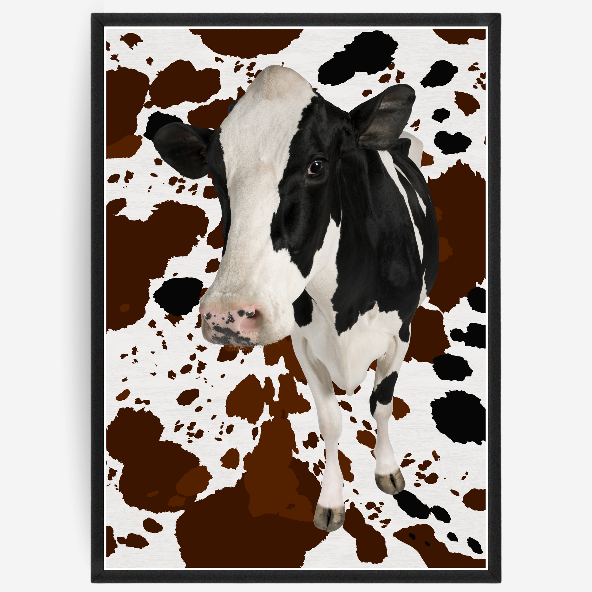 Poster of cow, set against a background of  cow pattern

