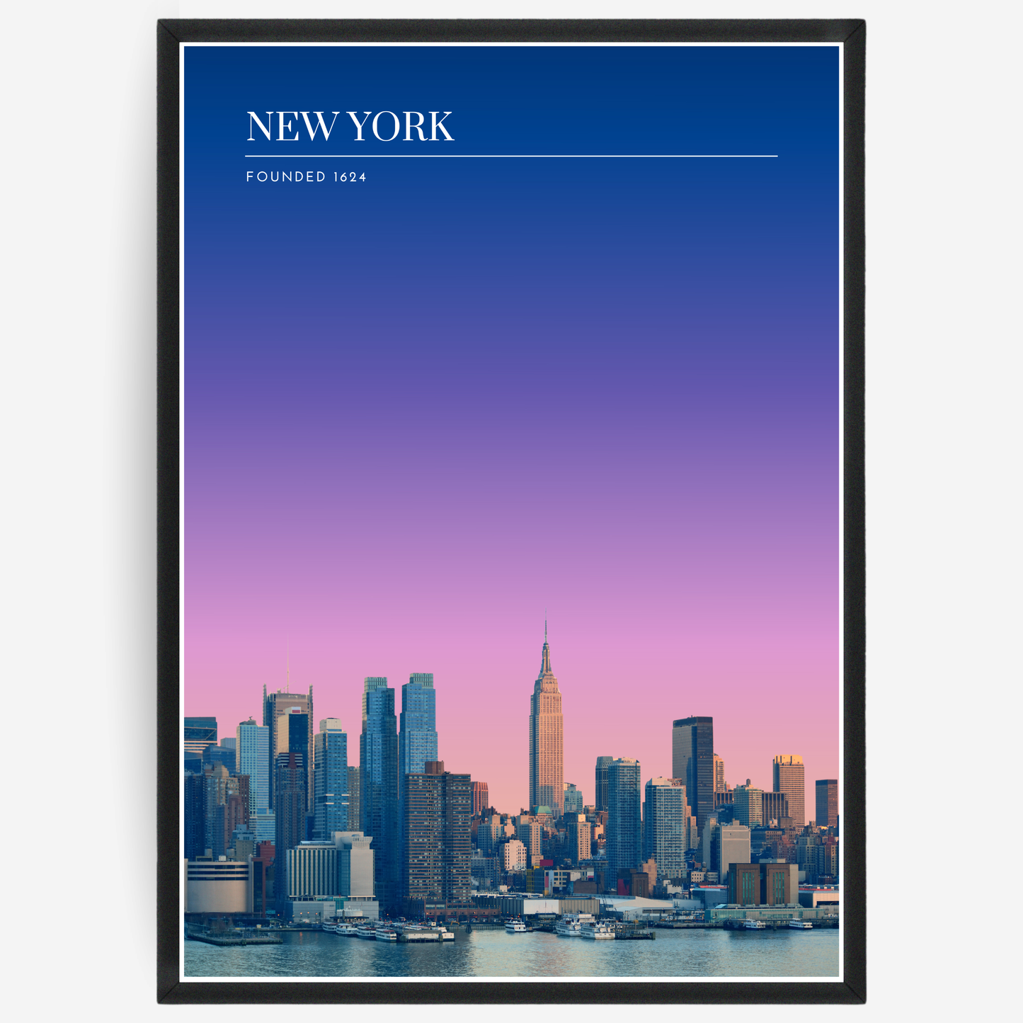 New York skyline poster with a pink-to-blue gradient sky and text elements showing the city name and the year it was founded.