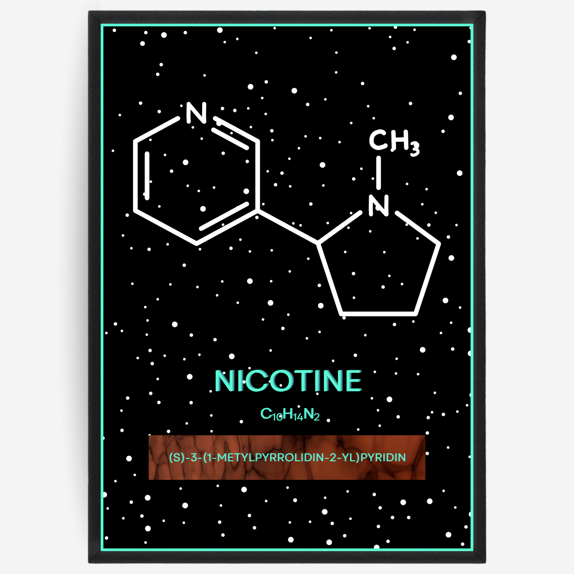 Chemistry poster showing the 2D molecular structure of nicotine on a black background with white dots and turquoise passepartout, including text elements of the molecule name, molecular formula and IUPAC name.