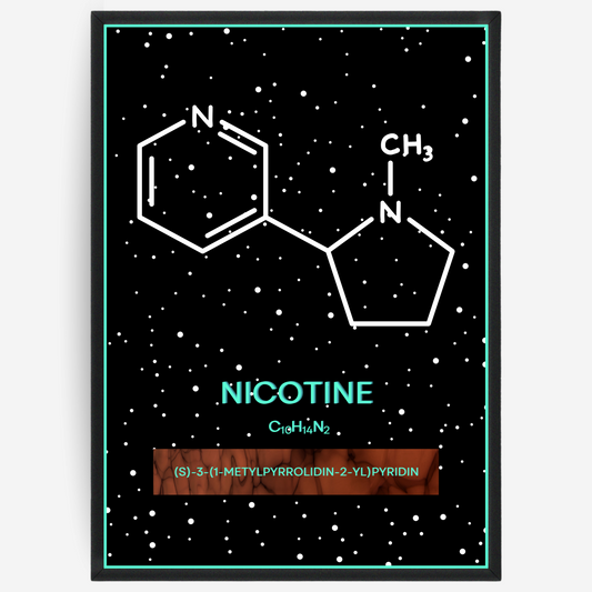 Chemistry poster showing the 2D molecular structure of nicotine on a black background with white dots and turquoise passepartout, including text elements of the molecule name, molecular formula and IUPAC name.