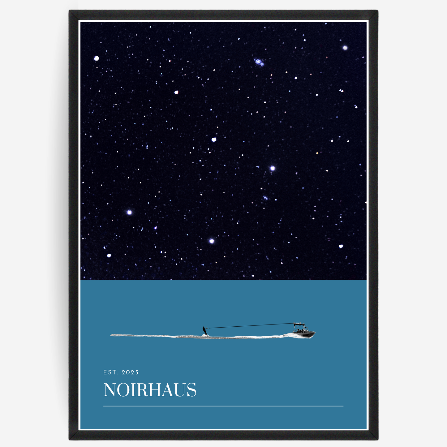 Wakeboard poster with a boat on water and a rider behind, set against a starry night sky, including the 'NOIRHAUS' signature.