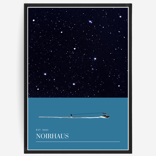 Wakeboard poster with a boat on water and a rider behind, set against a starry night sky, including the 'NOIRHAUS' signature.