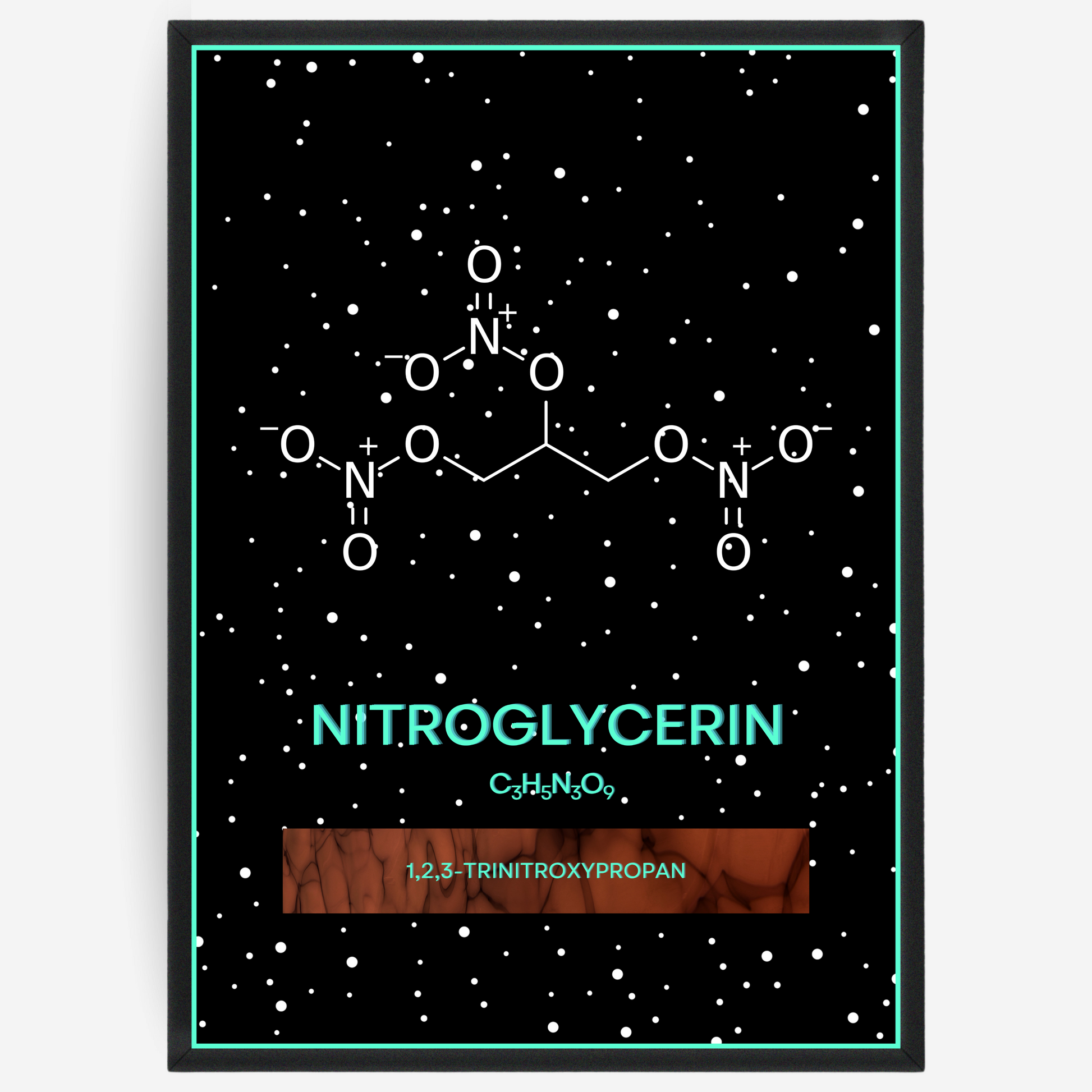 Chemistry poster showing the 2D molecular structure of nitroglycerinon a black background with white dots and turquoise passepartout, including text elements of the molecule name, molecular formula and IUPAC name.
