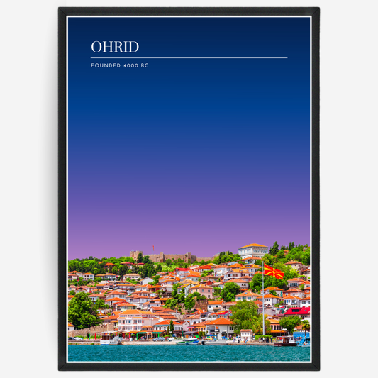 Ohrid cityscape poster with a pink-to-blue gradient sky and text elements showing the city name and the year it was founded.