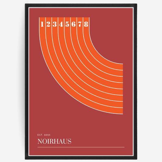 Poster with an orange field track on a red background, featuring the brand 'Noirhaus'.