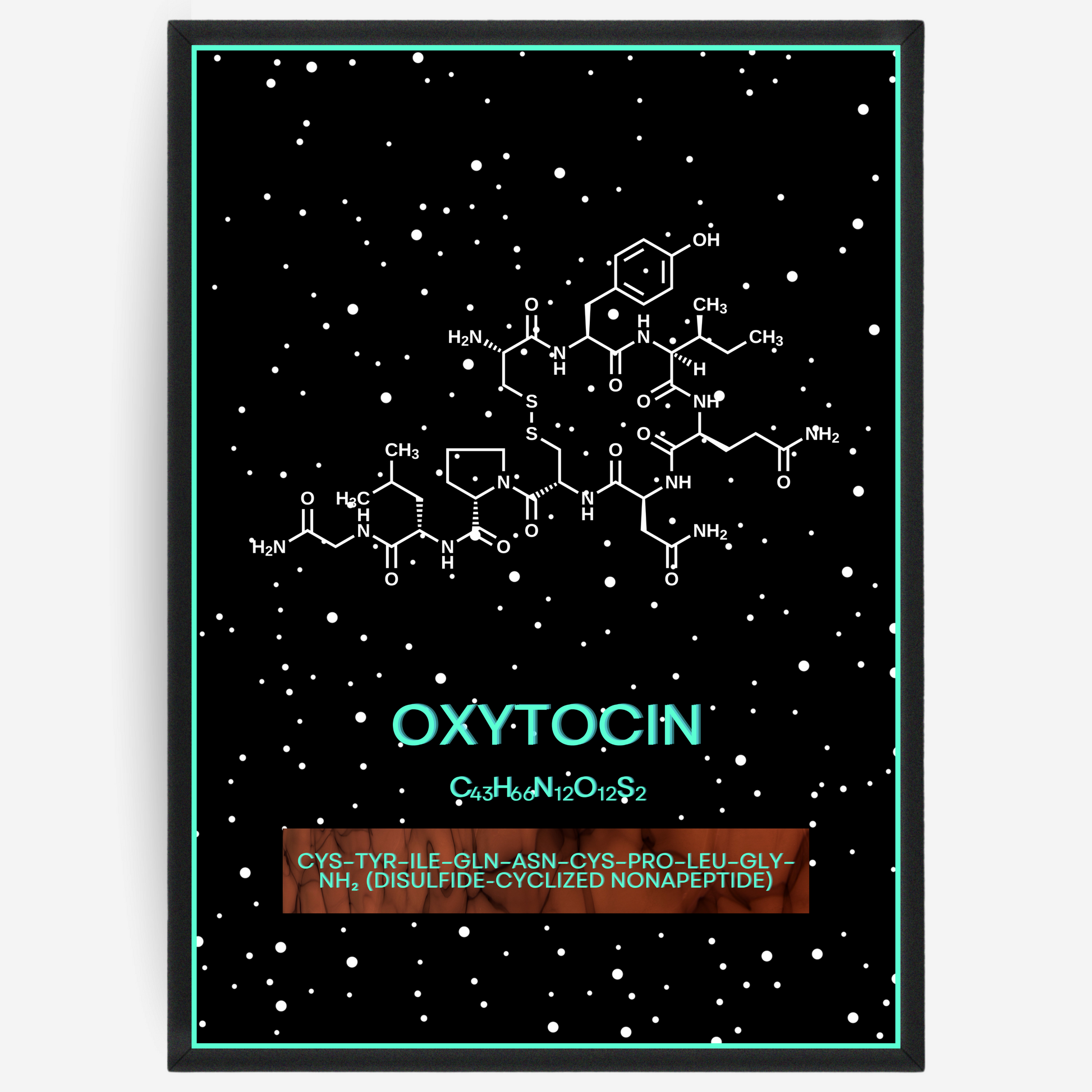 Chemistry poster showing the 2D molecular structure of oxytocin on a black background with white dots and turquoise passepartout, including text elements of the molecule name, molecular formula and IUPAC name.