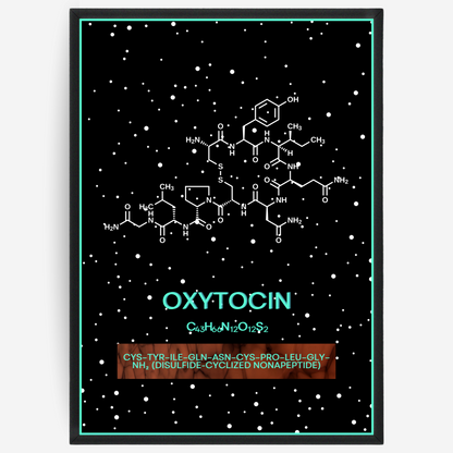Chemistry poster showing the 2D molecular structure of oxytocin on a black background with white dots and turquoise passepartout, including text elements of the molecule name, molecular formula and IUPAC name.