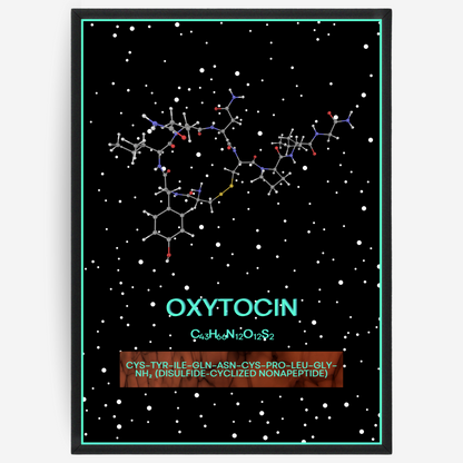 Chemistry poster showing the 3D molecular structure of oxytocin on a black background with white dots and turquoise passepartout, including text elements of the molecule name, molecular formula and IUPAC name.