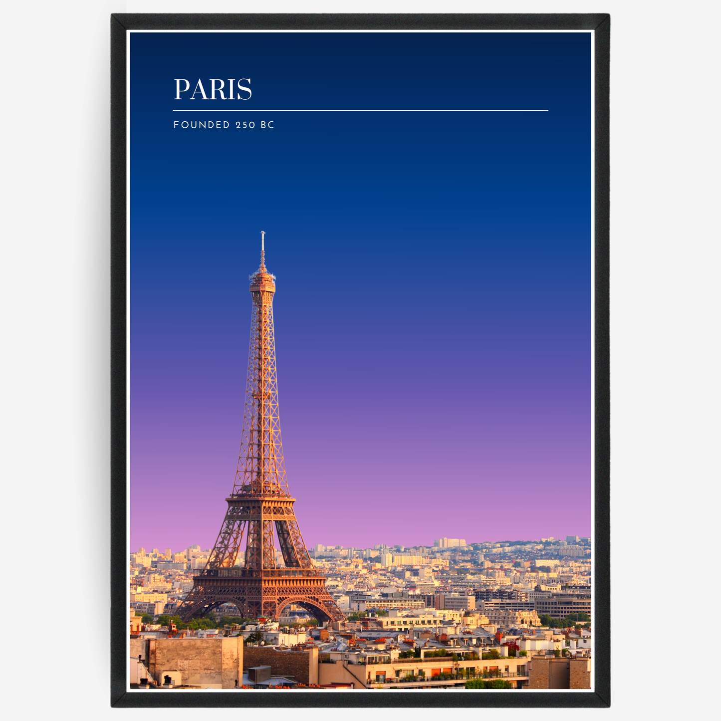 Paris skyline poster with a pink-to-blue gradient sky and text elements showing the city name and the year it was founded.
