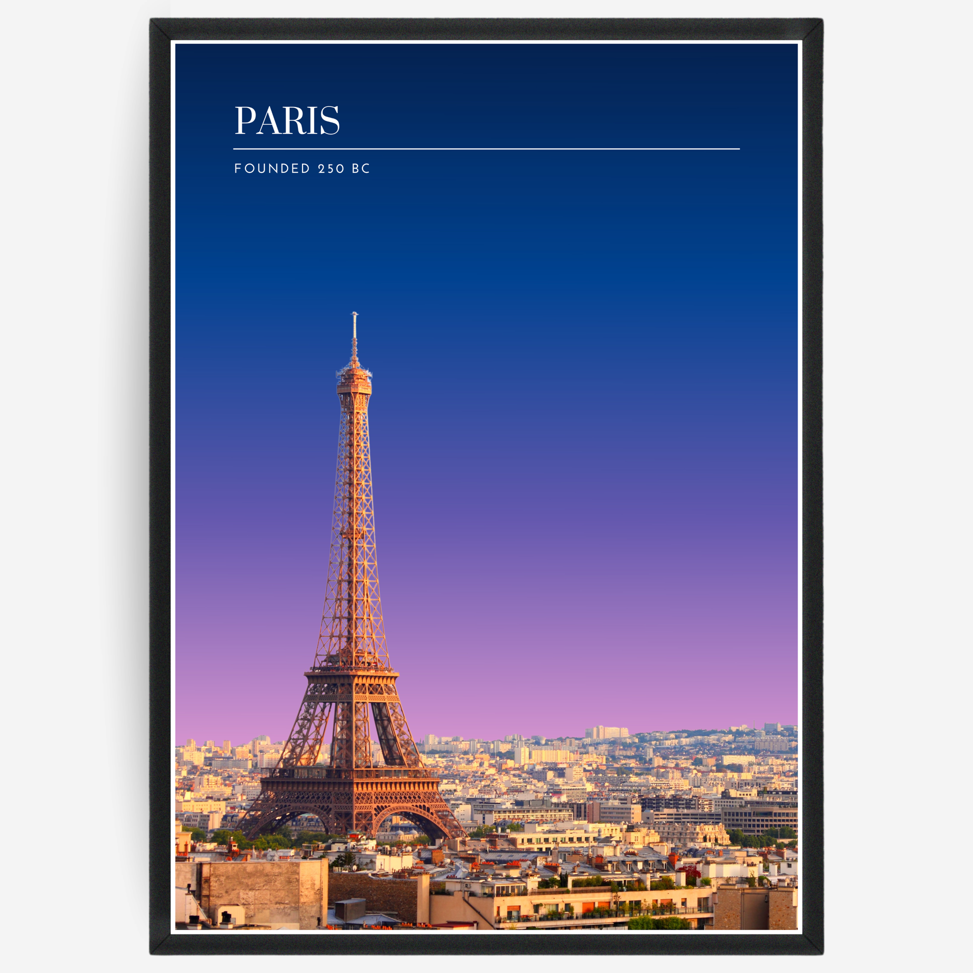 Paris skyline poster with a pink-to-blue gradient sky and text elements showing the city name and the year it was founded.