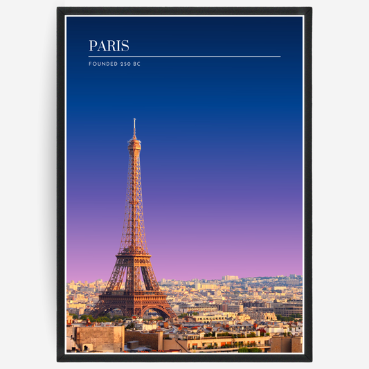 Paris skyline poster with a pink-to-blue gradient sky and text elements showing the city name and the year it was founded.