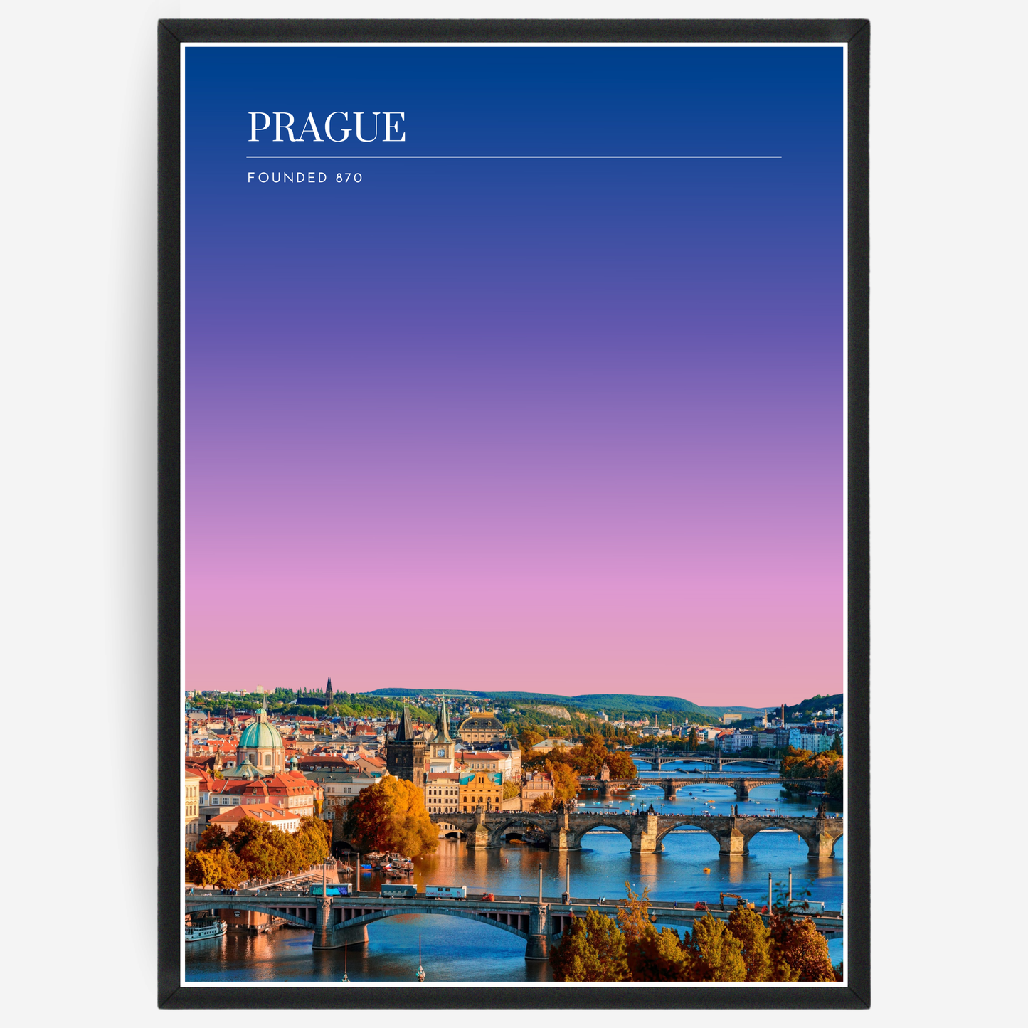 Prague cityscape poster with a pink-to-blue gradient sky and text elements showing the city name and the year it was founded.
