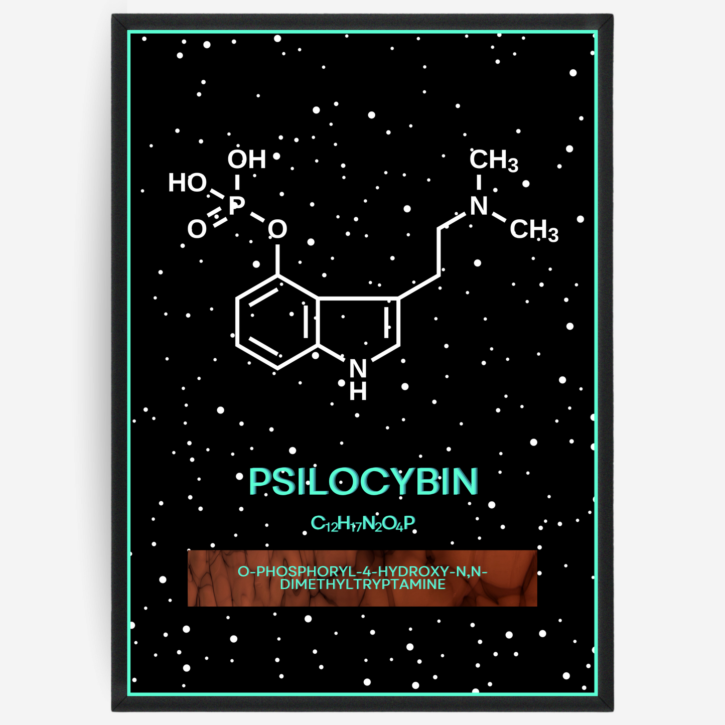 Chemistry poster showing the 2D molecular structure of psilocybin on a black background with white dots and turquoise passepartout, including text elements of the molecule name, molecular formula and IUPAC name.