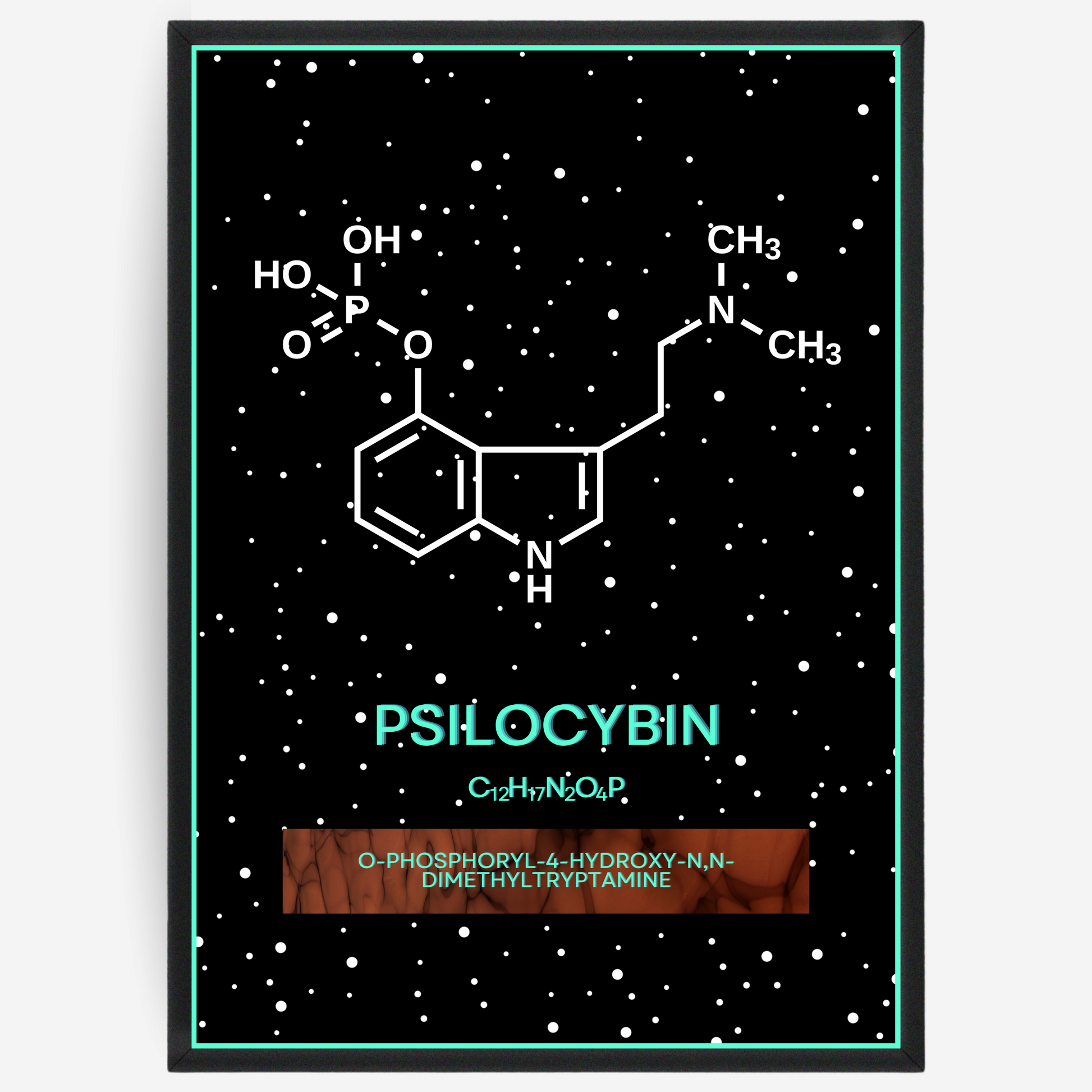 Chemistry poster showing the 2D molecular structure of psilocybin on a black background with white dots and turquoise passepartout, including text elements of the molecule name, molecular formula and IUPAC name.