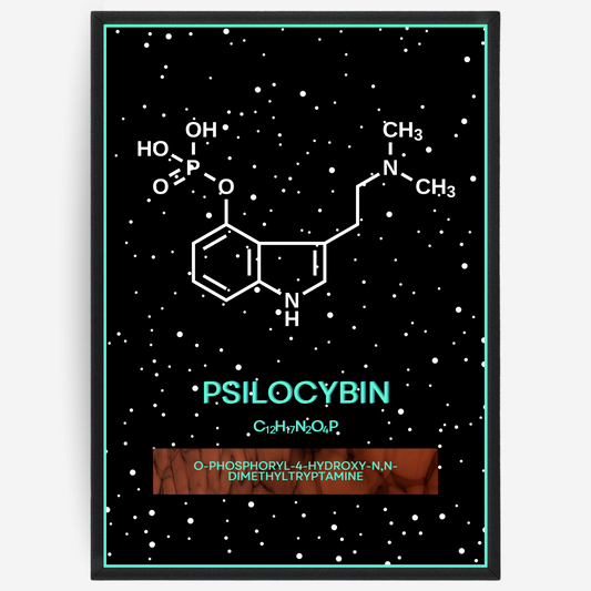 Chemistry poster showing the 2D molecular structure of psilocybin on a black background with white dots and turquoise passepartout, including text elements of the molecule name, molecular formula and IUPAC name.