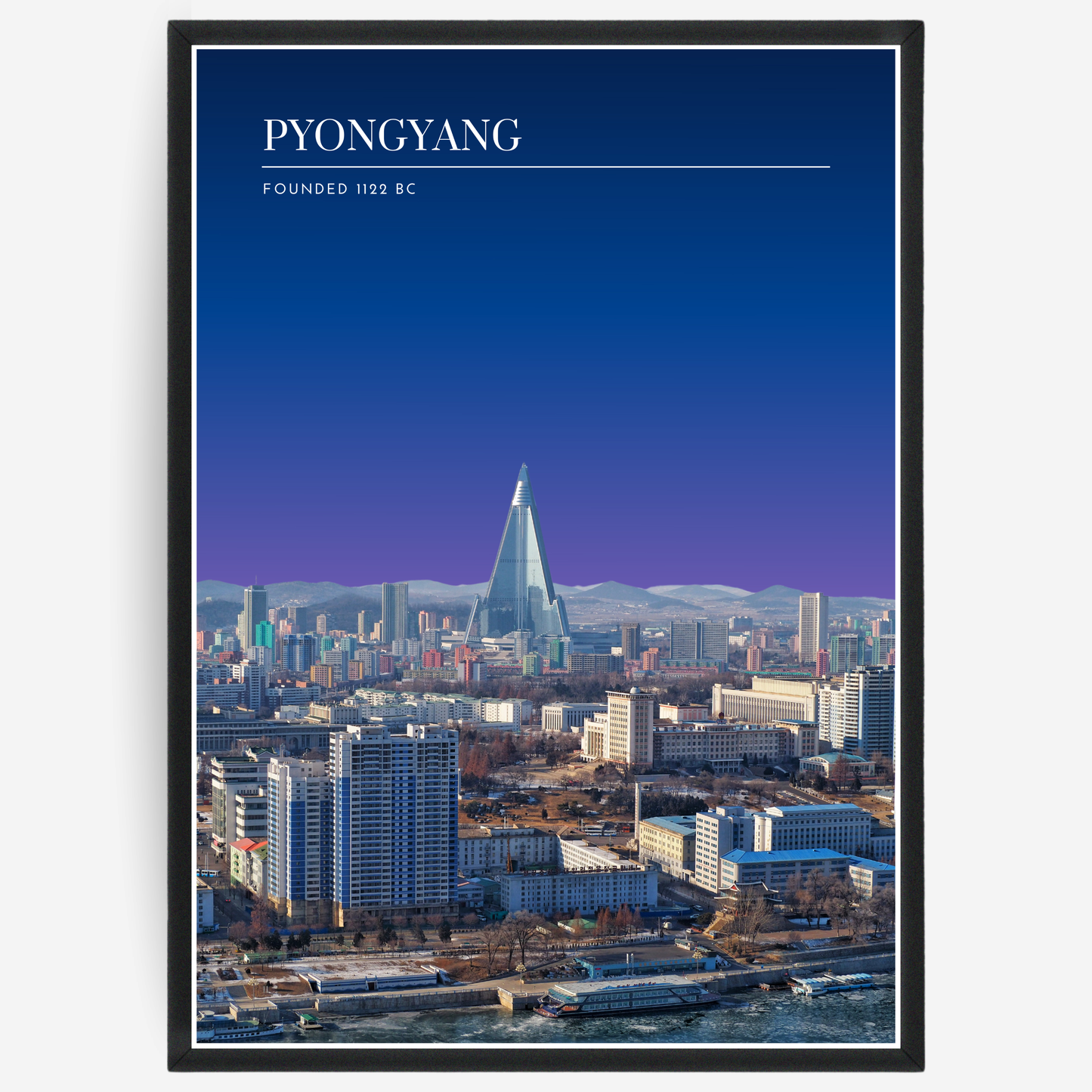 Pyongyang skyline poster with a pink-to-blue gradient sky and text elements showing the city name and the year it was founded.