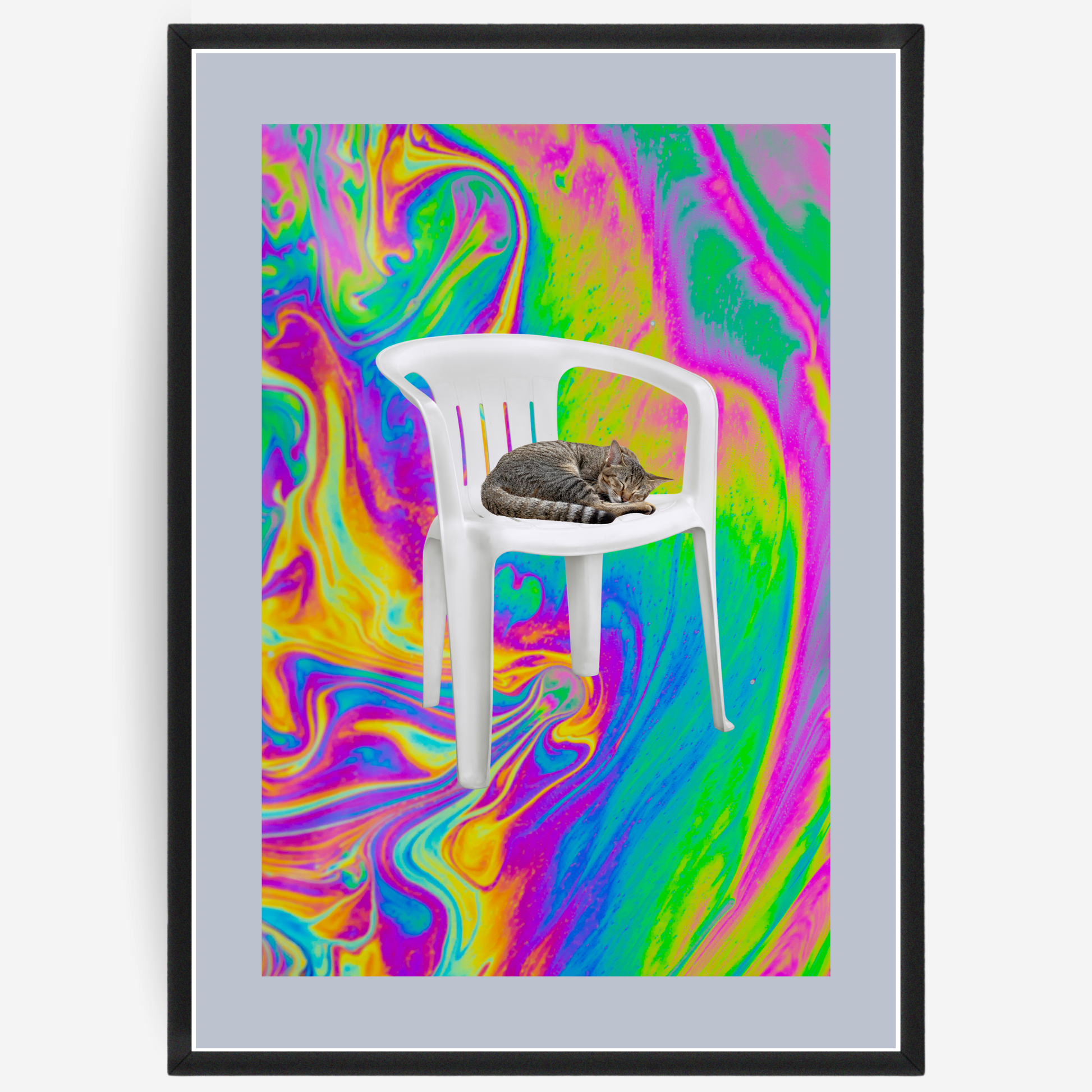 Poster of a white chair with a cat on a colorful abstract background.