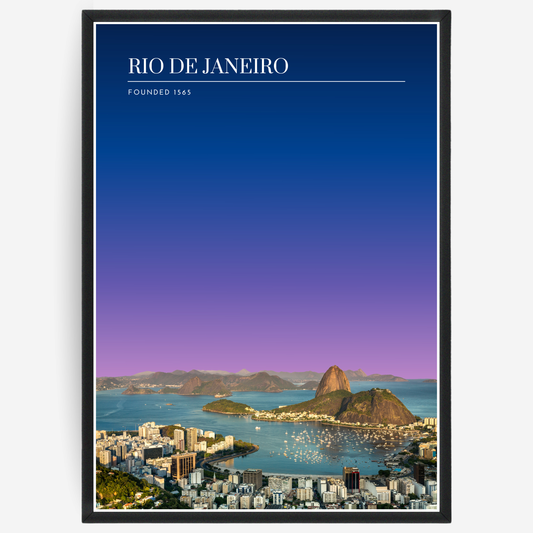Rio de Janeiro cityscape poster with a pink-to-blue gradient sky and text elements showing the city name and the year it was founded.